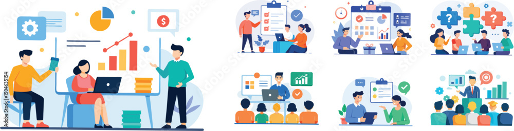 Team discussion and business idea presentation concept vector illustration set isolated on white background Team discussion and business idea presentation concept vector illustration set isolated on white background