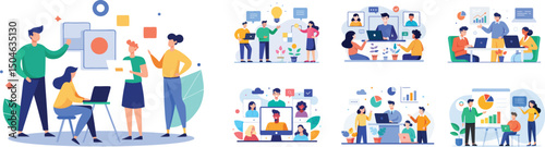 Teamwork and brainstorming vector illustration set. Business meeting, presentation concept flat vector