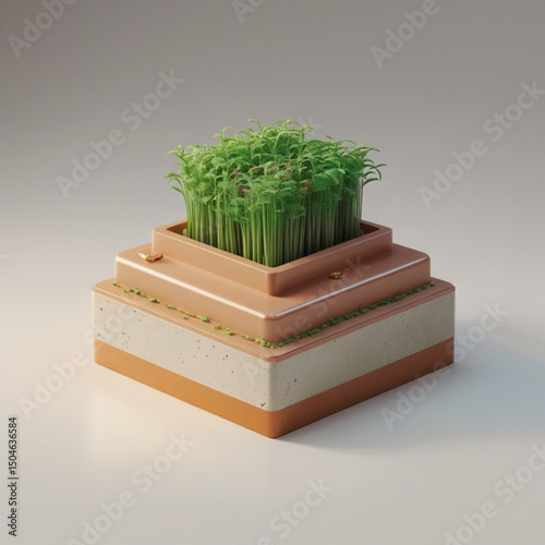 Modern plant growing system with green sprouts in a multi-layered pot