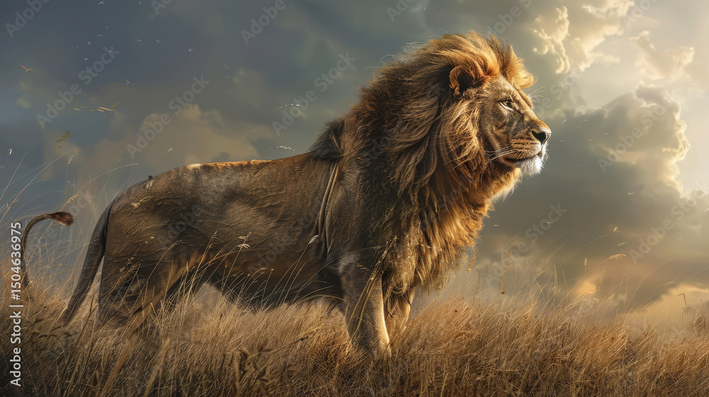 Obraz premium The giant king lion stands tall in the wild, a living emblem of strength, nobility, and natural power—his gaze commanding, his mane flowing like a crown in the winds of the savannah...