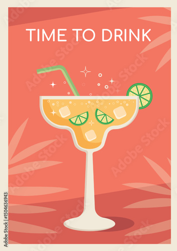 Summer cocktail poster. Glass of summer refreshing drink with ice and lime slices on the background with tropical leaves. Poster with alcoholic beverage. Vector illustration.