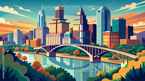 The Austin Texas skyline shines above the scenic Colorado River, with Congress Bridge spanning its waters. This urban landscape blends modern architecture with nature, capturing the vibrant city’s spi