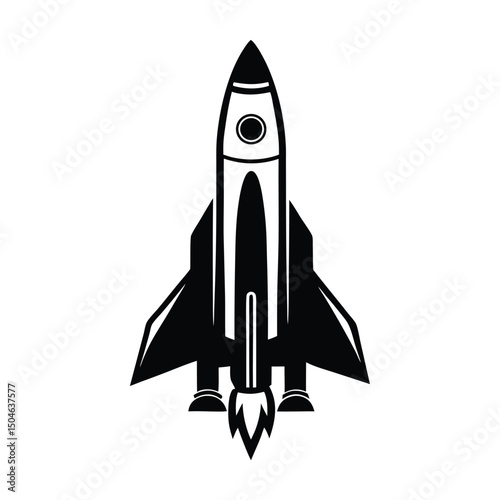 Silhouette of a rocket icon with sleek design, stylized spacecraft, and retro-futuristic space exploration symbol