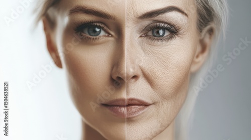 Woman's Face Showing Half Younger and Half Older Skin for Aging Process photo