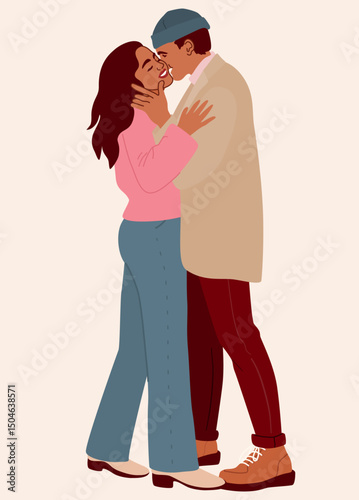 Young beautiful couple in love, hugging and kissing. Romantic date outdoors. Winter holidays themed illustration for postcard design. 