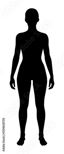 Woman standing silhouette front pose vector art in black colour.