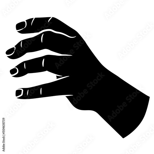 Human hand with bent fingers. Reaching grasping gesture. Black and white silhouette.