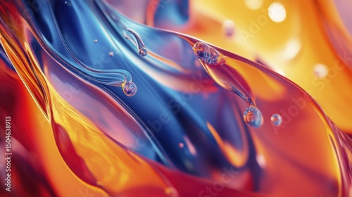 Close up of Blue and Orange Liquid with Droplets Forming Artistic Abstract