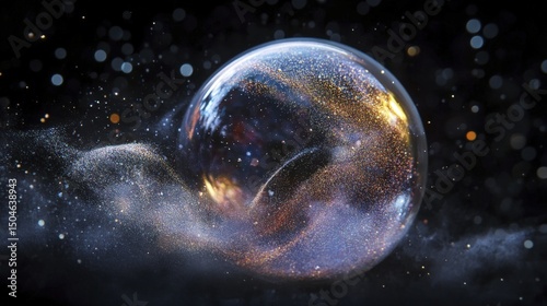 Glowing Sphere with Shimmering Particles Against Dark Backdrop for Scientific Applications