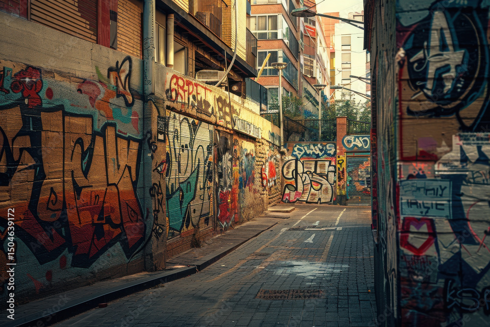 Naklejka premium A brick wall covered with graffiti logos in 4K, featuring cinematic lighting and a realistic comic book style. Shot with a 90mm lens to capture vivid details and texture...