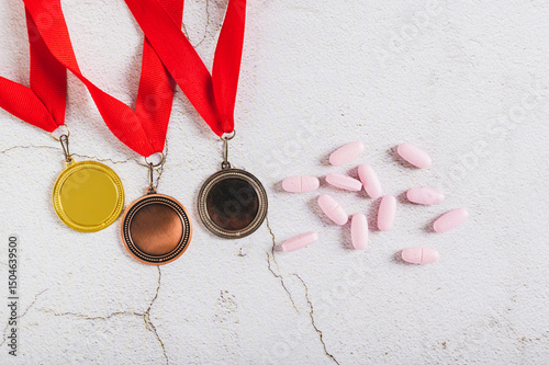 Fotografie Medals and doping pills on gray background top view