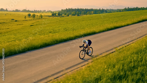 Quadro su tela A person in a helmet rides a bicycle on a rural road, surrounded by lush green fields