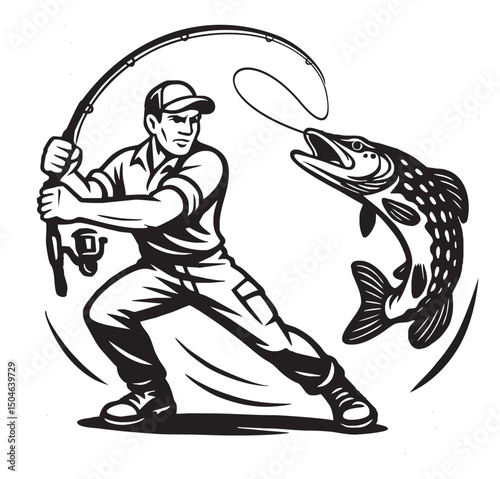 Illustrative fishing scene featuring a man and a fish, capturing the intensity of the moment..eps