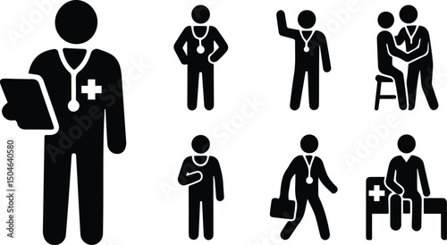 Healthcare and business professional icon set in black silhouettes