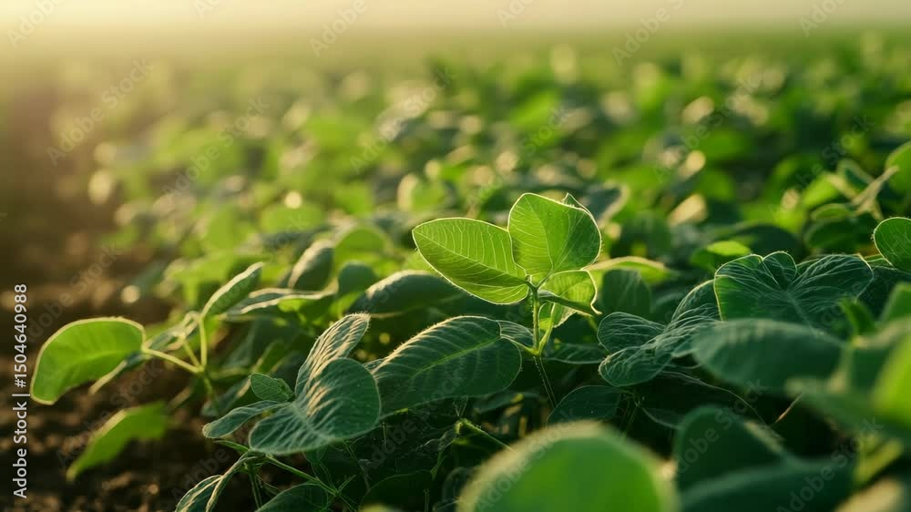 Vibrant young corn plants growing in a freshly plowed field, symbolizing the beginning of farming season. The sun is shining brightly on them.