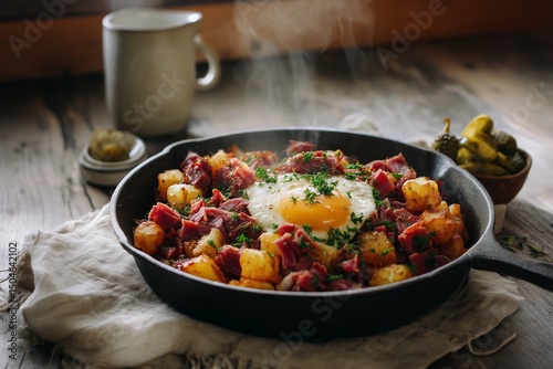 Corned Beef Hash with Sunny-Side Egg in Rustic Skillet and Farmhouse Setting