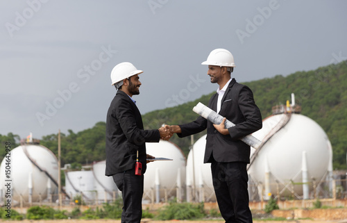 Two Business Man or Investor with black suit and safety hat working with drawing and digital tablet due business at front Refinery and gas petrochemical plant  