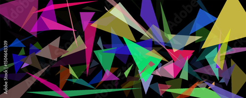 Abstract geometric pattern consisting of randomly distributed triangles of different sizes and colors against black background. Chaotic colorful backdrop in a low poly style.