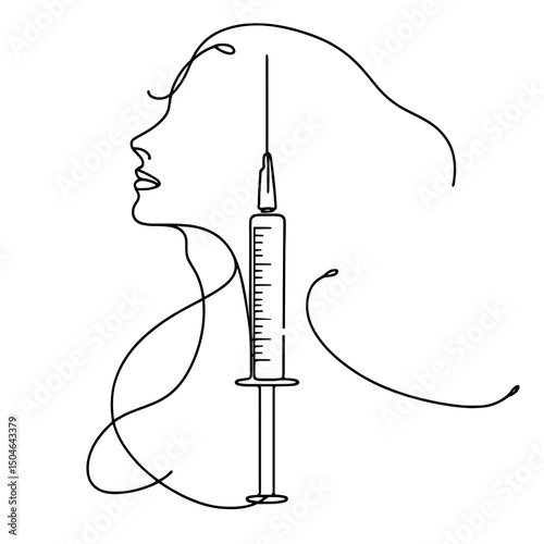 Line art of a woman’s profile with a syringe illustration  