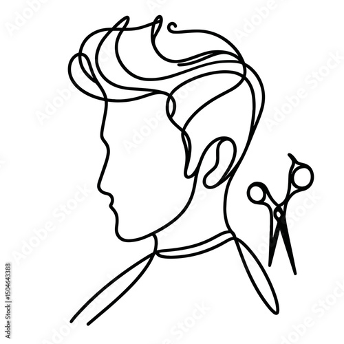 Line art of a man's hairstyle with scissors in minimalist style  