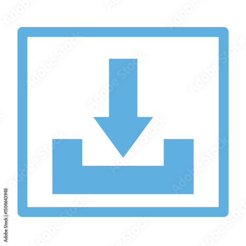 A blue square color simple download or install icon in the form of a blue downward arrow and a blue line as a sign that the file or document has been downloaded.