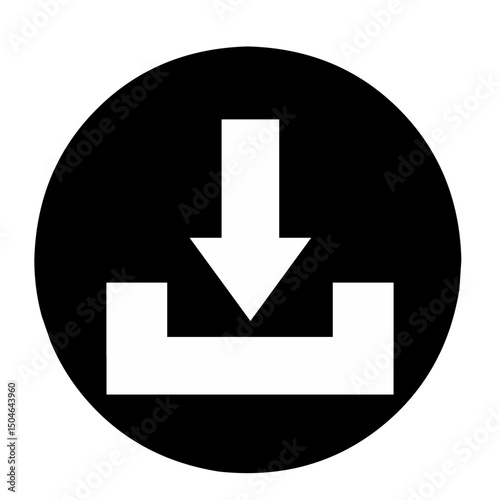 A black circle color simple download or install icon in the form of a white downward arrow and a white line as a sign that the file or document has been downloaded.