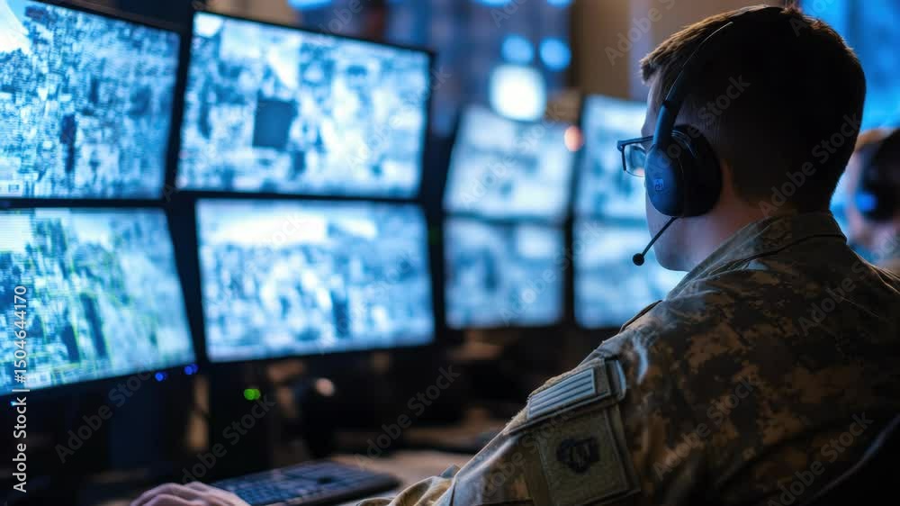 Soldier monitoring multiple video screens in a control room. The soldier is focused on the screens, possibly tracking military activity or security threats.