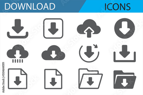 A series of download icons showing various file types, cloud storage, and data transfer in a minimalist design.

