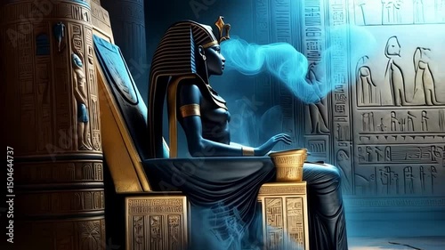 The beautiful Egyptian goddess-pharaoh Hatshepsut sits on a golden throne in the Dendera temple