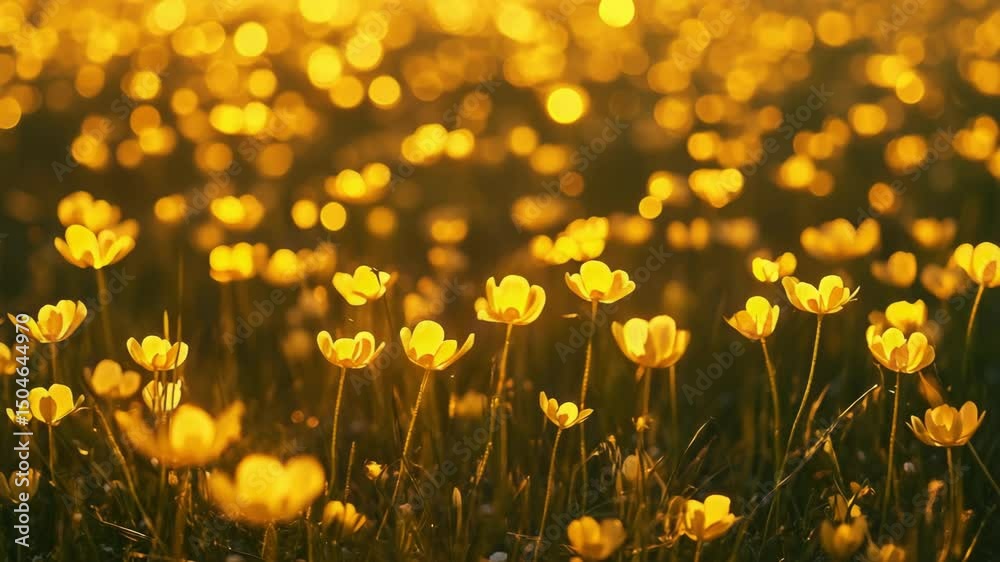 Glowing yellow flower field at sunset, with focus on illuminated petals.