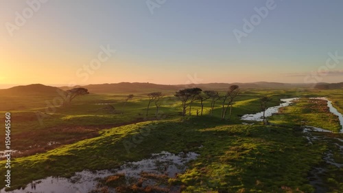 Scenic aerial view over coastal countryside and Ninety Mile beach in Northland, New Zealand