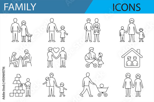 Family-related icons in minimalist design, showing moments of love, care, and togetherness for parenting and lifestyle content.