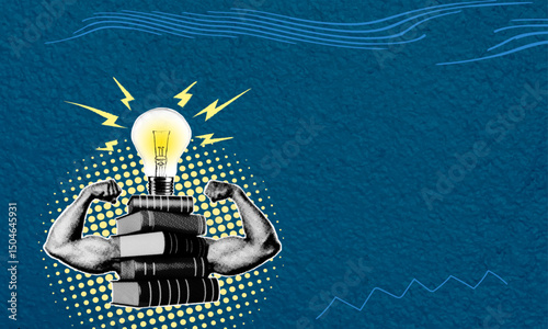 Light bulb and books with muscles as a metaphor for a new idea. Trendy collage of contemporary art.
