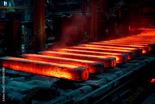 Wallpaper Mural Brightly glowing metal bars are lined up in a steel manufacturing facility. The intense heat causes steam to rise, showcasing the intensity of the forging process Torontodigital.ca