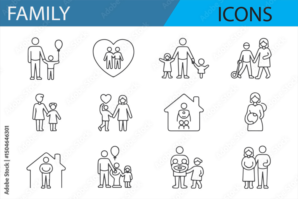 Fototapeta premium Family-themed icons showcasing parents and children in various affectionate moments, designed in a clean line art style.