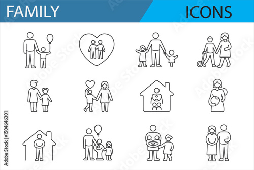 Family-themed icons showcasing parents and children in various affectionate moments, designed in a clean line art style.