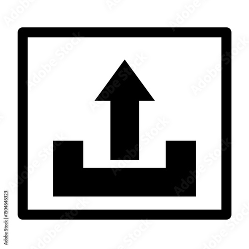 A black color square simple download or install icon in the form of a black upward arrow and a black line as a sign that the file or document has been uploaded