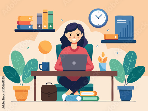 Minimalist workspace scene showing woman facing away sitting in office chair with vibrant teal background