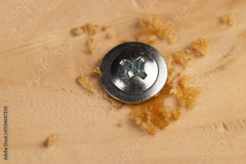 screw for fixing boards and other wood materials, self-tapping screws with a drill tip twisted into a board, close up