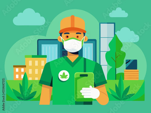Healthcare worker promoting cannabis products with mobile app and green city background design