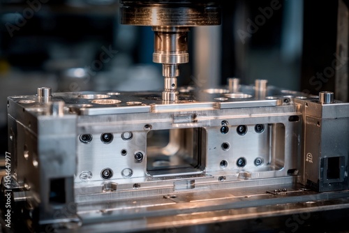 A detailed view of a machining process taking place in a manufacturing facility, showcasing a metal component being precisely machined under bright lights