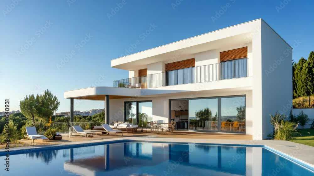 Stunning modern villa with large swimming pool, surrounded by lush greenery. Unique architecture boasts ample outdoor living spaces and is ideally suited for relaxation and entertaining. Stunning modern villa with large swimming pool, surrounded by lush greenery. Unique architecture boasts ample outdoor living spaces and is ideally suited for relaxation and entertaining.