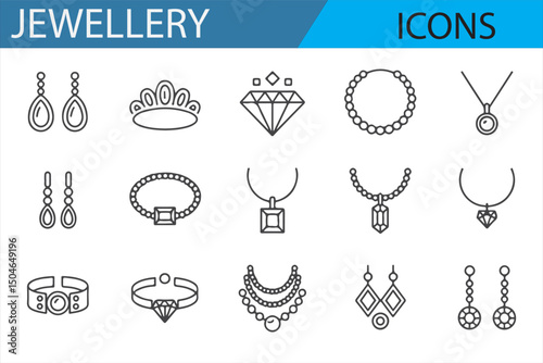A collection of fashion jewellery icons for digital use, including rings, earrings, and elegant necklaces.