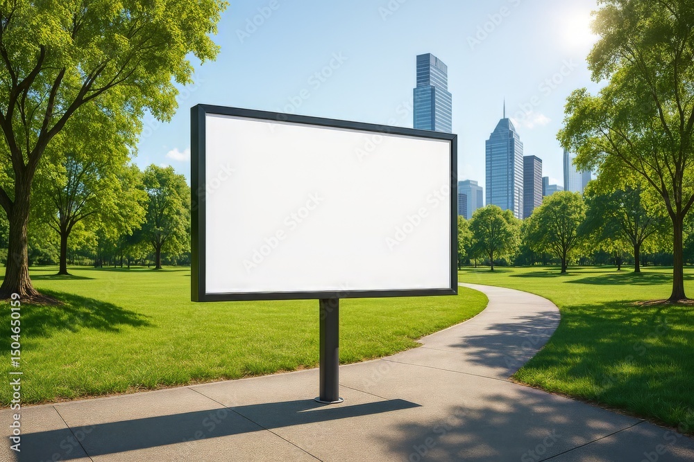 Fototapeta premium Billboard in business park with skyscraper backdrop