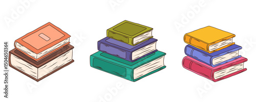 Vector set of hand-drawn book stacks in doodle style. Perfect for education, school, library, and stationery design.