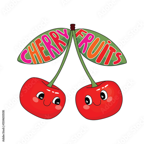 Cartoon card with funny cherry fruits and lettering. Cute smiling characters with faces. Red, green, pink, yellow colors on white background. Vector design for card, banner, stickers. Print on fabric