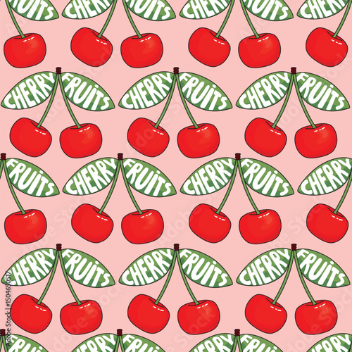 Cherry fruits pattern with lettering. Red, green, white colors on pink background. Fruit branches with leaves. Vector design for printing on fabric and paper. Endless wallpaper, cover, textile.