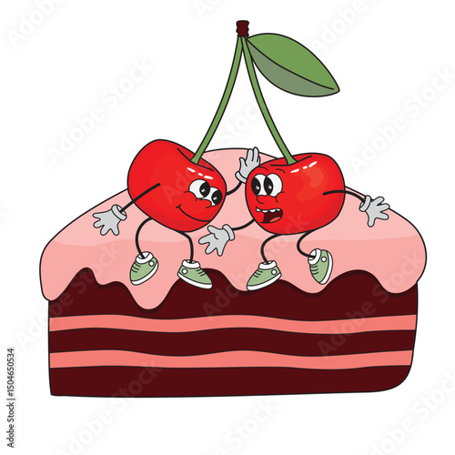 Groovy funky cherries siitting on a cake. Characters with arms, legs and emotions and a sweet dessert with cream. Red, pink, green and brown colors on white background. Vector cartoon illustration.
