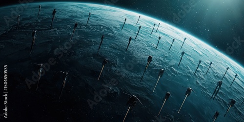 A futuristic view of satellites orbiting Earth, highlighting advanced technology and global communication networks in space.