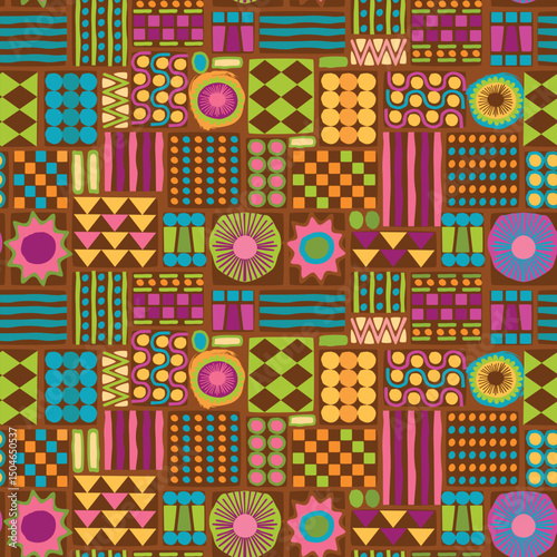 Ethnic  seamless pattern with geometric shapes. Colorful abstract background with free hand painted circles, stripes, triangles. Hand drawn modern print on fabric and paper. Flat color illustration.